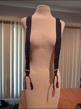 Men's Navy Suspenders with Red Pinstripes. Leather.